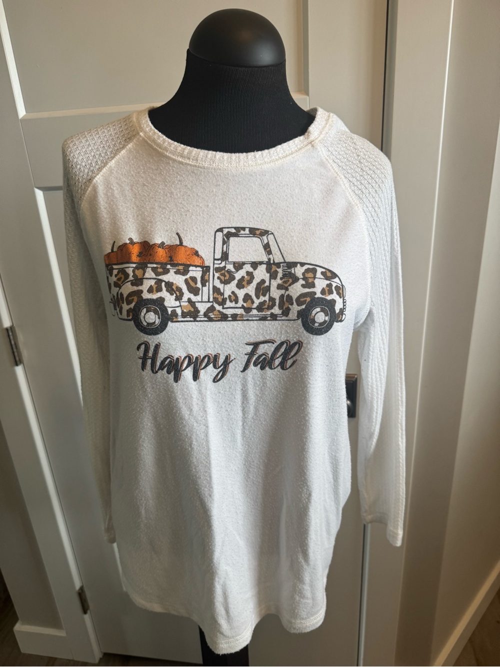 White "Happy Fall" Leopard Truck Pullover Sweater